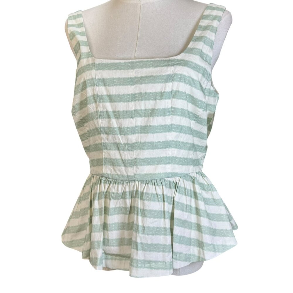 Avec Les Filles Striped Peplum Tank Top White & Sage Green Size M | NWT